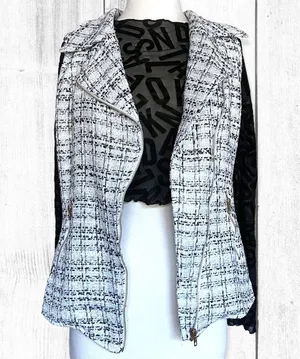 Tinley Road Retro Glam Business Professional Zip Black White Plaid Tweed Vest thumbnail 4