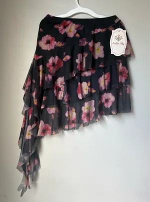 Amber Sky S Black Floral Mesh Ruffle Asymmetrical Skirt NWT thumbnail 1