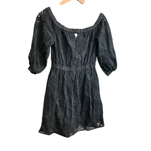 Milly Black Eyelet Cotton Mini Dress 3/4 Puff Sleeve Elastic Waist Pockets‎ P thumbnail 10