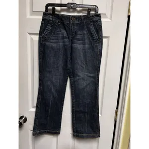 Womens Dark Wash Cropped Flare Jeans Low Rise Y2K‎ Style Denim Blue 31x25 thumbnail 2