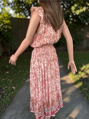 AQUA Boho Smocked Cotton Maxi Dress XL Pink Geometric Flutter Sleeve thumbnail 6
