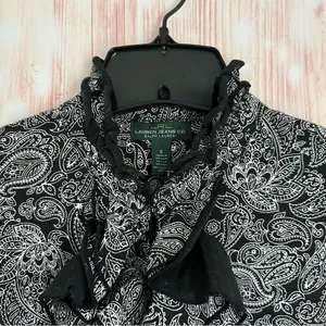 Lauren Ralph Lauren Black White Paisley Ruffle Front Long Sleeve Blouse Sz S thumbnail 5