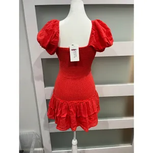 Sky to Moon Red orange Mini Dress Puff‎ Sleeve Tiered Ruffle Small NEW thumbnail 3