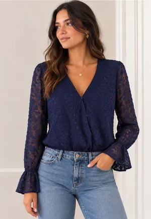 Blue Rain Women’s Navy Textured Wrap Front Long Sleeve Blouse. Size: Medium thumbnail 1