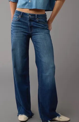 American Eagle AE Sz 10R Low Rise Baggy Wide Leg Stretch Jean Women Distressed thumbnail 1