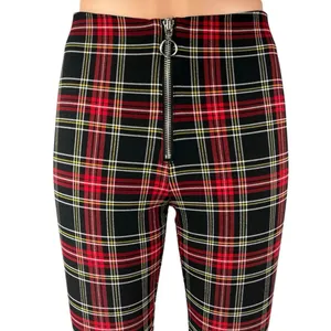 Zara Women's Red Plaid Checkered Zipper Front Skinny High Rise Legging Pants S thumbnail 4