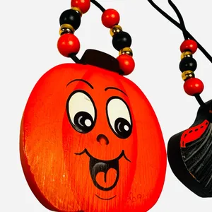 Handmade Vintage Painted Wood Pumpkin Jack O Lantern & Witch Country Craft Necklace (2) thumbnail 3