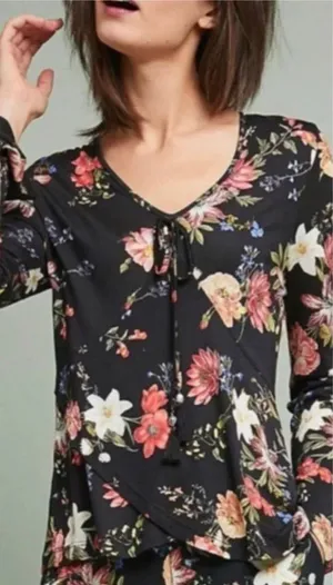 Anthropologie Farm‎ Rio Top Blouse Long Sleeve Jersey Floral Print Black Size XS thumbnail 1