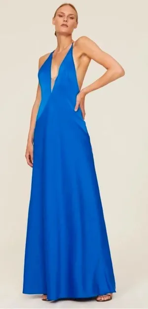 Aidan Mattox Azure Blue V-Neck Satin‎ Halter Bias Draped Gown Dress thumbnail 1