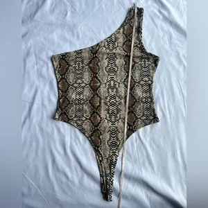 Snakeprint One Shoulder Tank Bodysuit Large Tan thumbnail 9