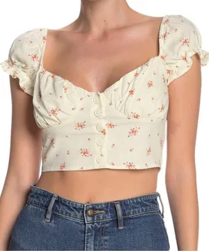 Cotton On linen blend isla prairie milkmaid crop top floral ivory ecru medium thumbnail 1