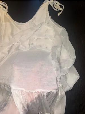 White Flowy Tie Shoulder Tank Sheer Layered Ruffle Hem Silk Blend Cottagecore thumbnail 6