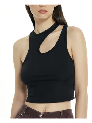 Cider Black Solid Asymmetrical Sleeveless Crop Top Ribbed Tank Top Size Large thumbnail 1