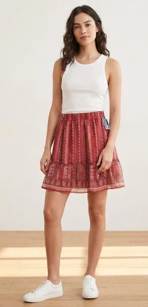 Loft Mini Skirt Womens M Red Boho Paisley Smocked Tiered Ruffle Metallic Shimmer thumbnail 1