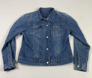 GAP Jeans Denim Trucker Jacket Womens Large Blue Button Front Monogram DJB Faded thumbnail 1