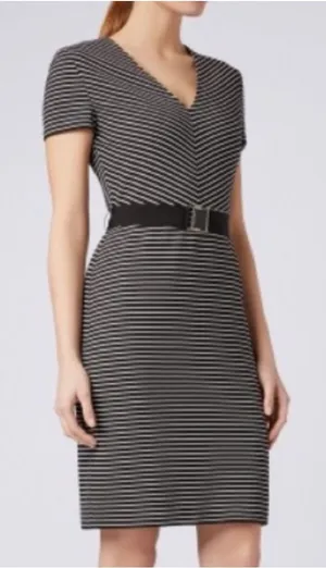 Hugo Boss Size 4 Hedra Black and White Striped V Neck Midi Dress with Belt thumbnail 1