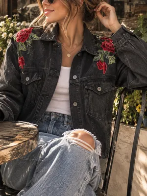 Carmar Black Denim Jacket with Red Rose Embroidery Size M thumbnail 1