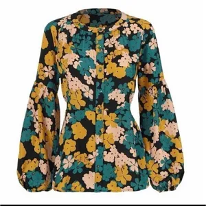 Cabi Busy Blouse 4158 Floral Button Front Balloon Sleeve‎ Black Teal Mustard L thumbnail 2