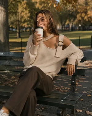 Peach Love California Cream‎ One Shoulder Cutout O Ring Knit Sweater Large Y2K thumbnail 1