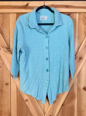 Michael Leu Vtg Women XL Light Blue Button Down Waffle Knit Art To Wear USA Made thumbnail 1