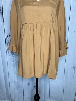 Andree by Unit V-Neck Babydoll Blouse Sz L Pleated Front Short Ruffle Sleeve Top thumbnail 3