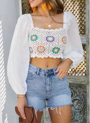 Aerie Crochet Granny Square Balloon Sleeve‎ Boho Crop Top White Size Small thumbnail 1