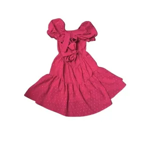 SheIn Hot Pink Swiss Dot Puff Sleeve Tie Back Tiered Mini Dress Flirty Womens‎ Small 4 thumbnail 3