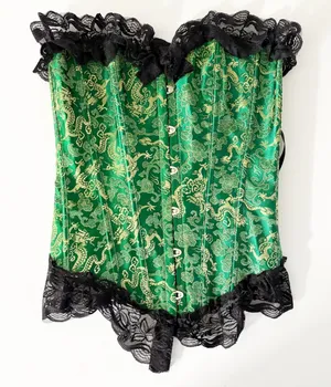 Womens Green Dragon Brocade Lace Trim Gothic Victorian Ren Faire Corset Size M thumbnail 1