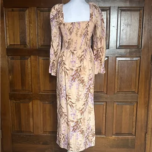 House of Harlow 1960 Linen Blend Smocked Midi Dress XS Peach Floral Palm Bishop‎ thumbnail 3