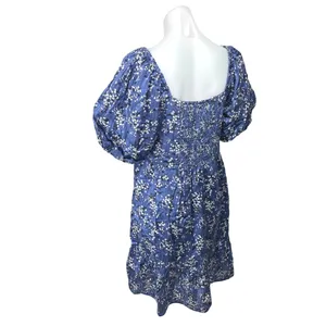 Mango MNG Blue Floral Square Neck Short Puff Sleeve Smocked Mini Shift Dress 6 thumbnail 2