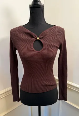 Abercrombie & Fitch Hardware Keyhole Long-Sleeve Sweater Top Chocolate Brown thumbnail 1