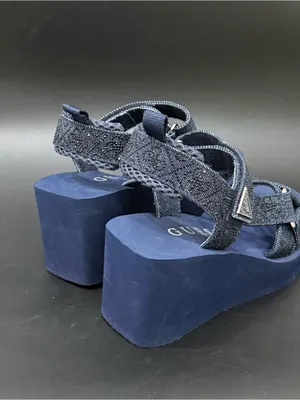 GUESS Dawsin Denim Rhinestone Embellished Straps EVA Soles Wedge Sandals Size 6 thumbnail 5
