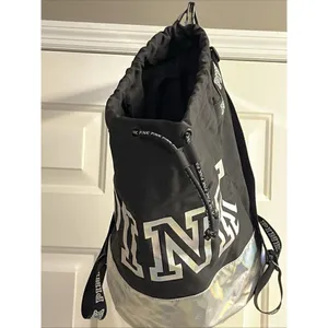 PINK Victoria's Secret Cinch Drawstring Large Back Pack Black/Silver NWOT thumbnail 15