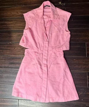 ZARA Button down dress with collar casual boho indie pink crop top high waisted skirt thumbnail 1