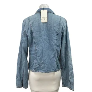 NEW Zara Blue Long Sleeve Collar Tie Knot Denim Jean Jacket Shirt Top Size XL thumbnail 3