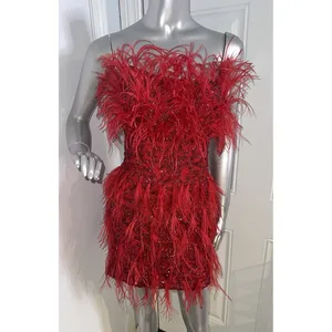 ASHLEYlauren 4615 Red Beaded Feather Cocktail Dress Strapless 2 Pageant Prom thumbnail 7