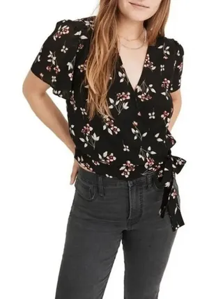 ✨MADEWELL Botanical Print Wrap Sz XS Top In True Black✨ thumbnail 1