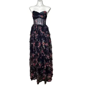 Dressalisa Maxi Gown Womens S Navy Gently Used Floral‎ Corset Tiered Ruffle Mesh thumbnail 2