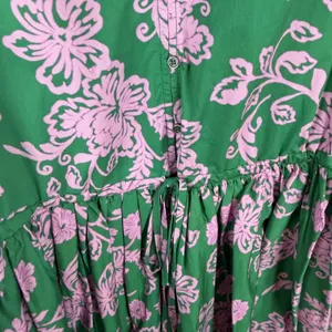 Xirena Aurie Mini Dress Large‎ Green Pink Floral Cotton Puff Sleeve Cottage Boho thumbnail 3
