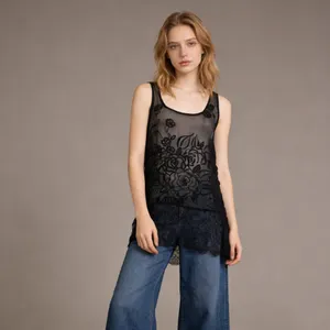 NWOT Johnny Was Silk Black Sheer Floral Embroidered Lace Tank Top Sz S thumbnail 2