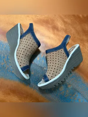 Fly London Yile taupe Navy perforated suede wedge sling back sandals size 36 thumbnail 3