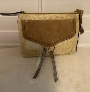 Crossbody Straw and Faux Leather Bag in Tan thumbnail 1