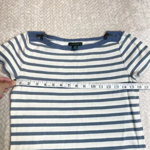 Ralph Lauren Lauren‎ Jeans Co Blue cream striped Knit Top Zip accent Sleeve Shirt women SZ S thumbnail 4