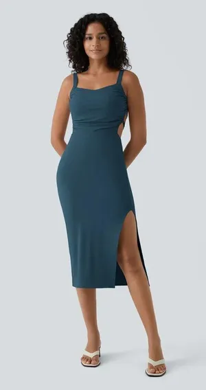 Halara Ruched Lace Up Bodycon Midi Casual Majolica Blue Soft Airy Dress Large thumbnail 1