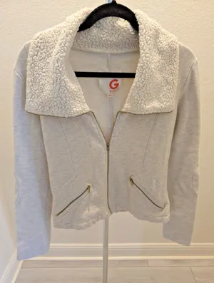 Guess Women's M Gray Sherpa Shawl Collar Moto Biker Knit Jacket Cozy Soft thumbnail 1