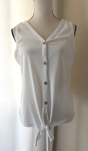 White Waffle Knit Button Front Tie Hem Tank Top Sleeveless V-Neck Large‎ thumbnail 1