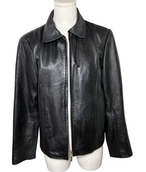 Adler Collection Black Genuine Leather Jacket Zip Front Collared Minimalist M thumbnail 1