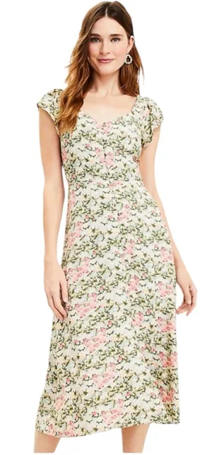 Loft Agave Floral Cap Sleeve Sweetheart Neckline Button Down Midi Dress Size 4 thumbnail 1