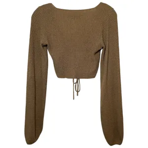 White Fox Brown Ribbed Lace Up Crop Top‎ Balloon Sleeve Size XS Minimalist Basic thumbnail 5