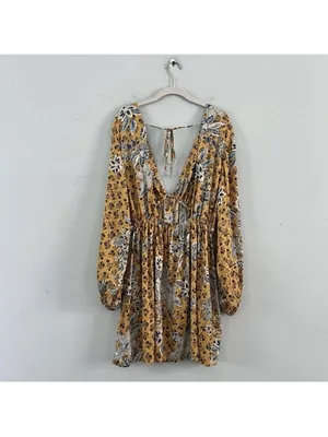 NWT Free People Soli Golden Hour‎ Combo Yellow V-Neck Long Sleeve Mini Dress thumbnail 4